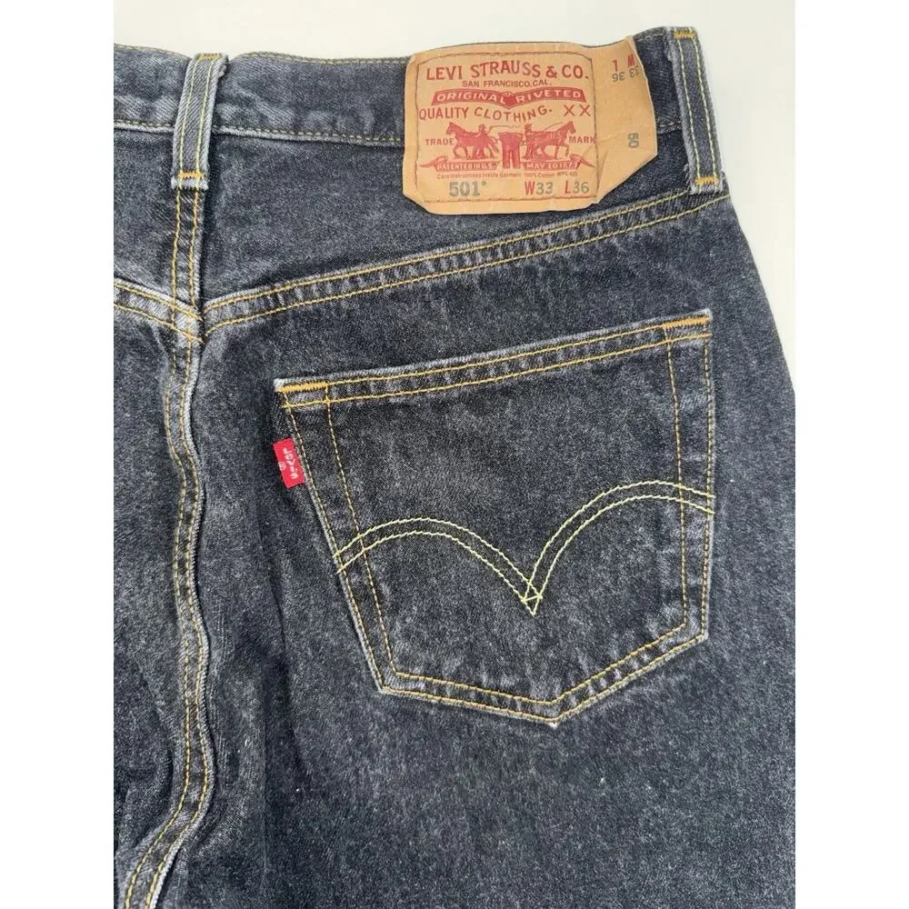 Levis 501 Jeans Mens 33x36 Black Denim Original Straight Fit Button Fly Red Tab